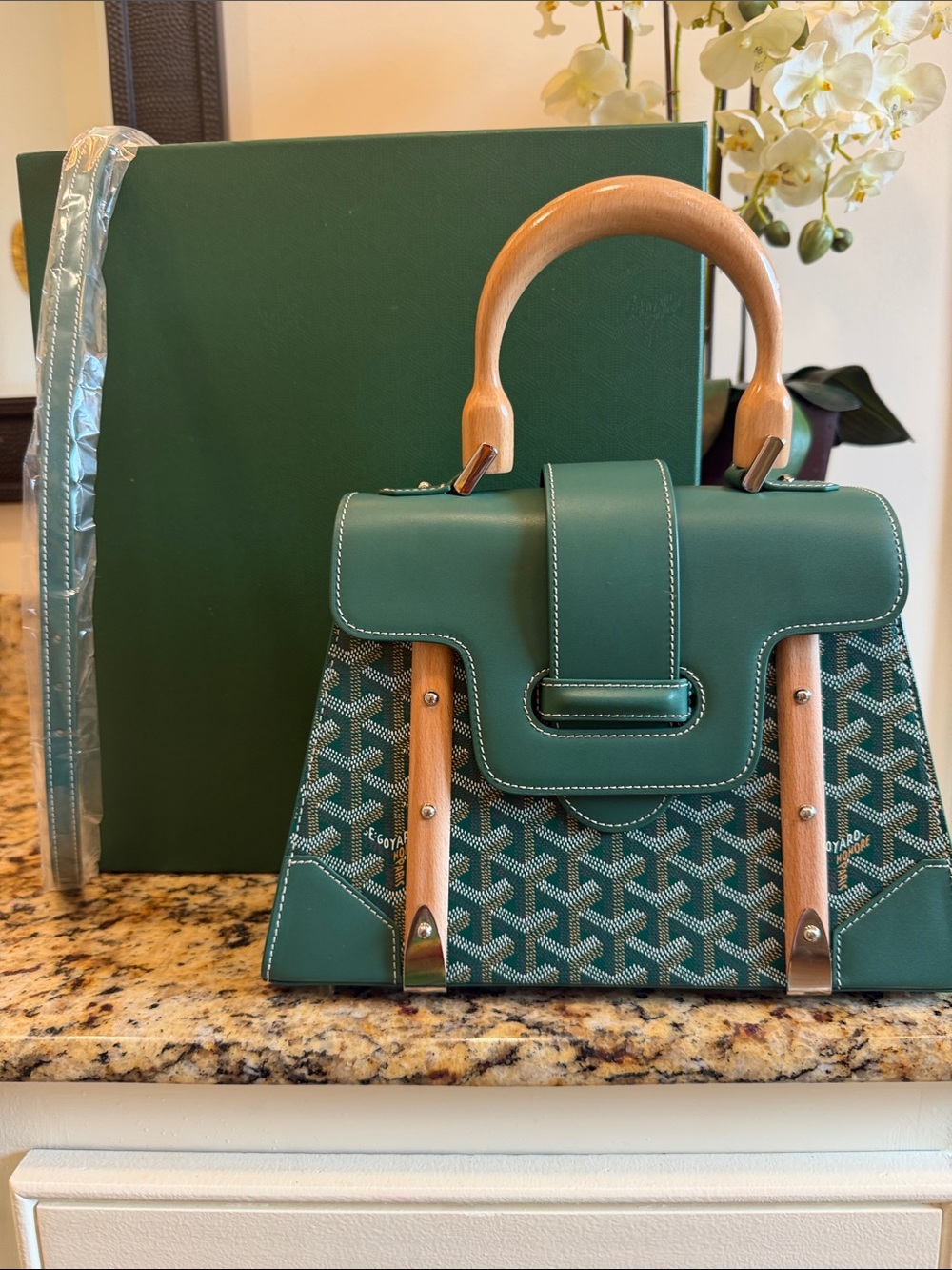 Goyard Teal Patterned Top-Handle Satchel with Wood Accents